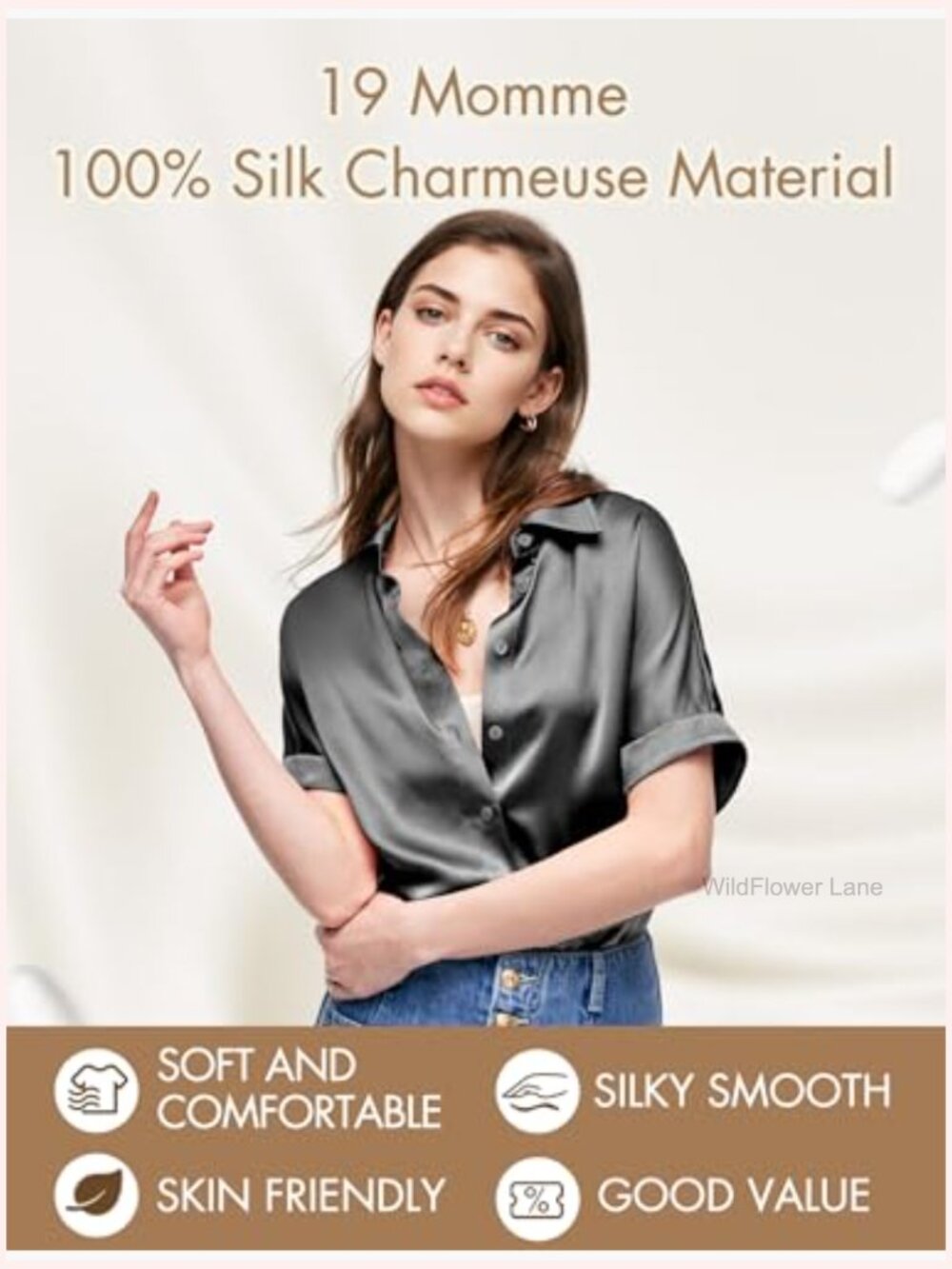100% Pure Silk Short Sleeve Button Down Blouse Luxurious Lightweight - Picture 5 of 7